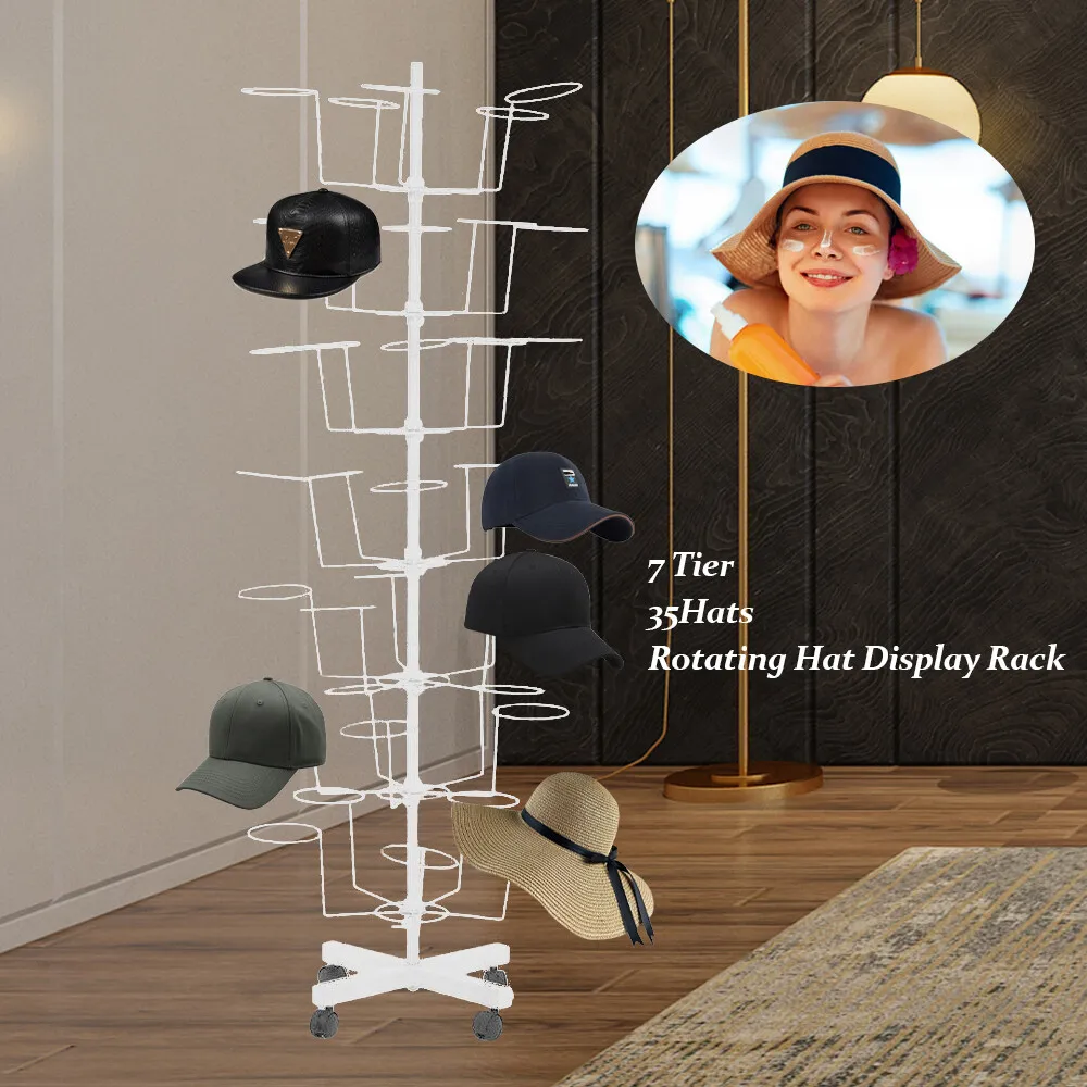 

7 Tier Rotating Hat Display Rack Free Standing Metal Floor Caps Headwear Stand