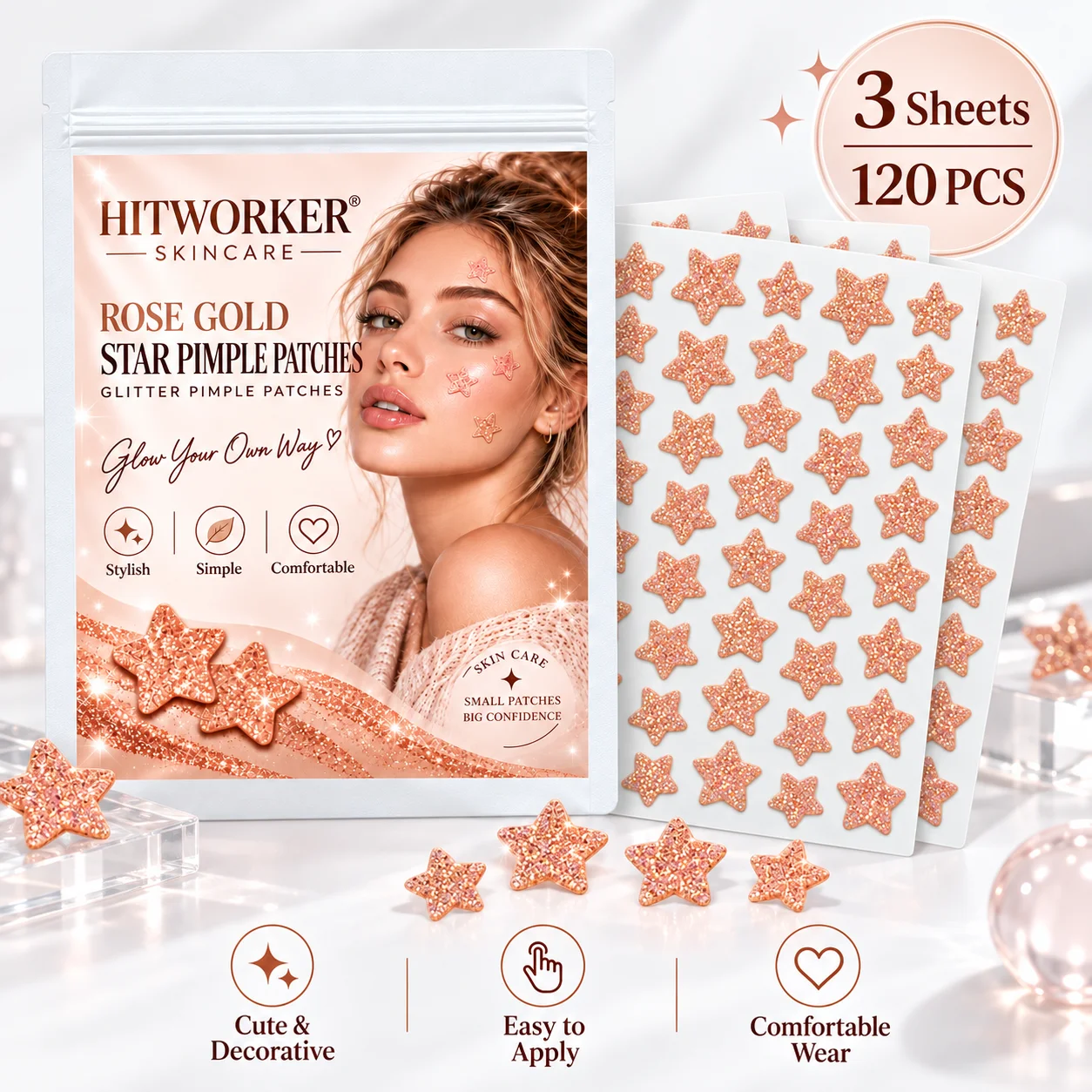 120PCS Star Pimple Patches, Rose Gold Glitter Acne Stickers, Cute Sparkly Face Patches for Women, Daily Skincare Accessories