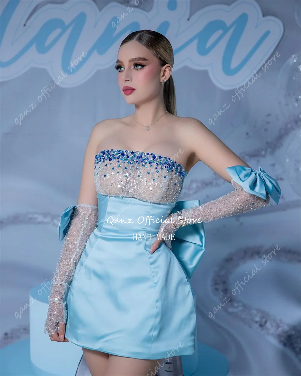 Qanz Sky Blue Sexy Prom Dresses Sequined Crystal Long Sleeves Rhinestone Birthday Dress Corset Cocktail Dresses Customized