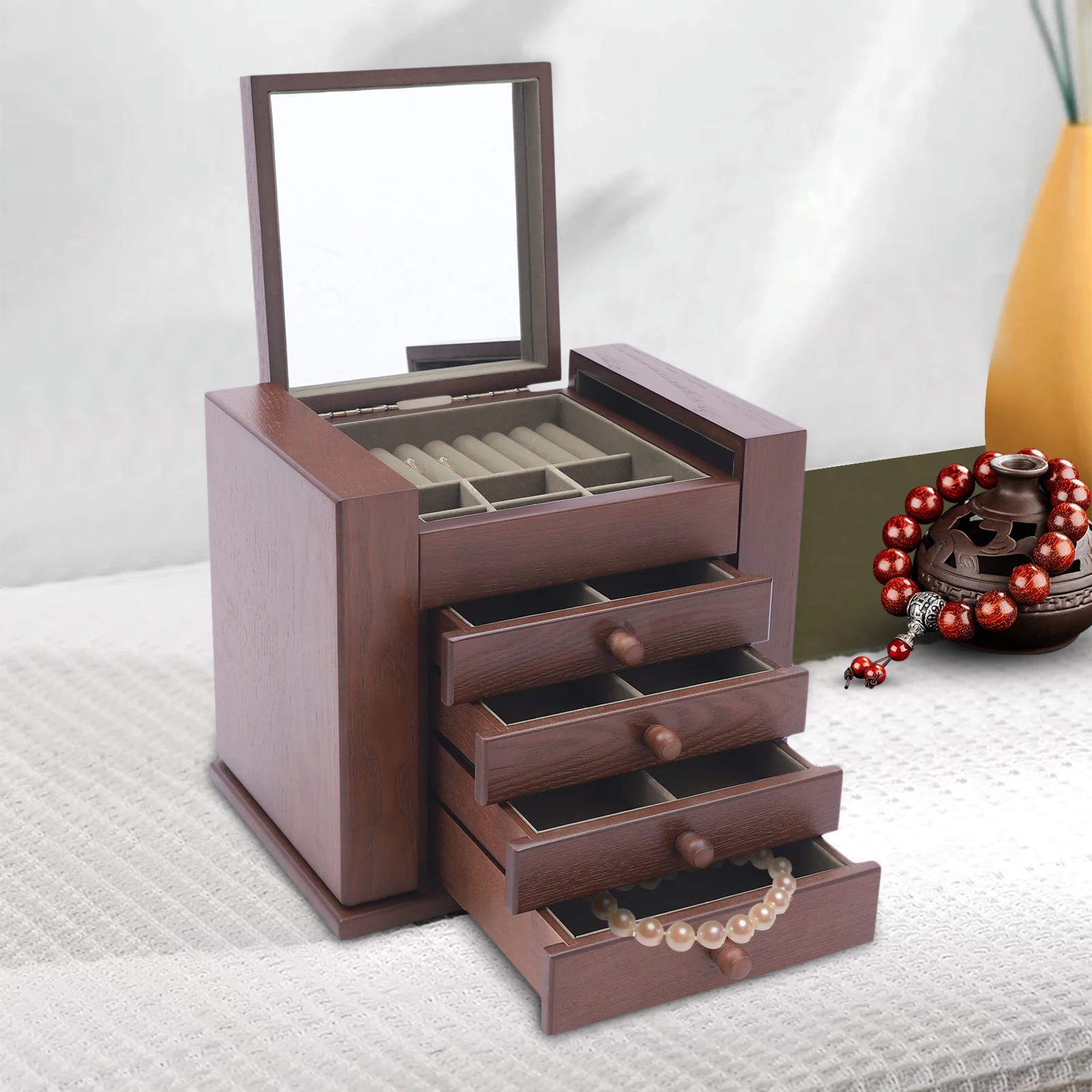

5-Tier Jewelry Organizer Box with 4 Drawers, 27 Hairpin Slots & 6 Hooks, Compact Storage Case for Earrings Necklaces Bracelets