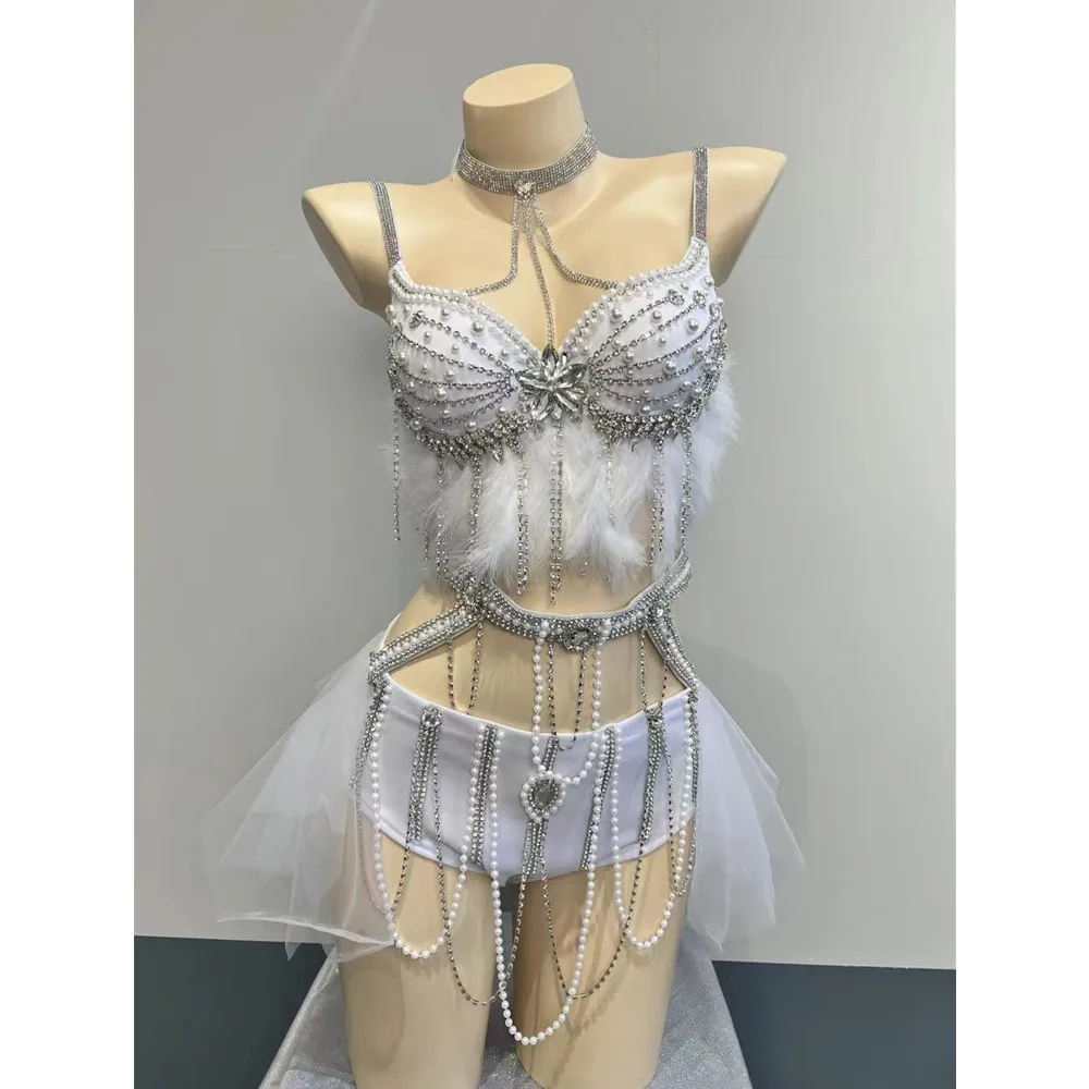 

Sexy Music Festival Rave Outfits Nightclub Bar DJ Women Dancer Group Disco Pole Dance Costume White Feather Beading Bikini Set