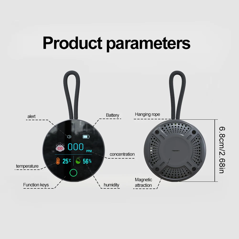 Detector de monóxido de carbono 3 en 1, Detector de Gas portátil de 1000mAh, Monitor de calidad del aire CO, alarma, Sensor de temperatura y humedad para campamento al aire libre