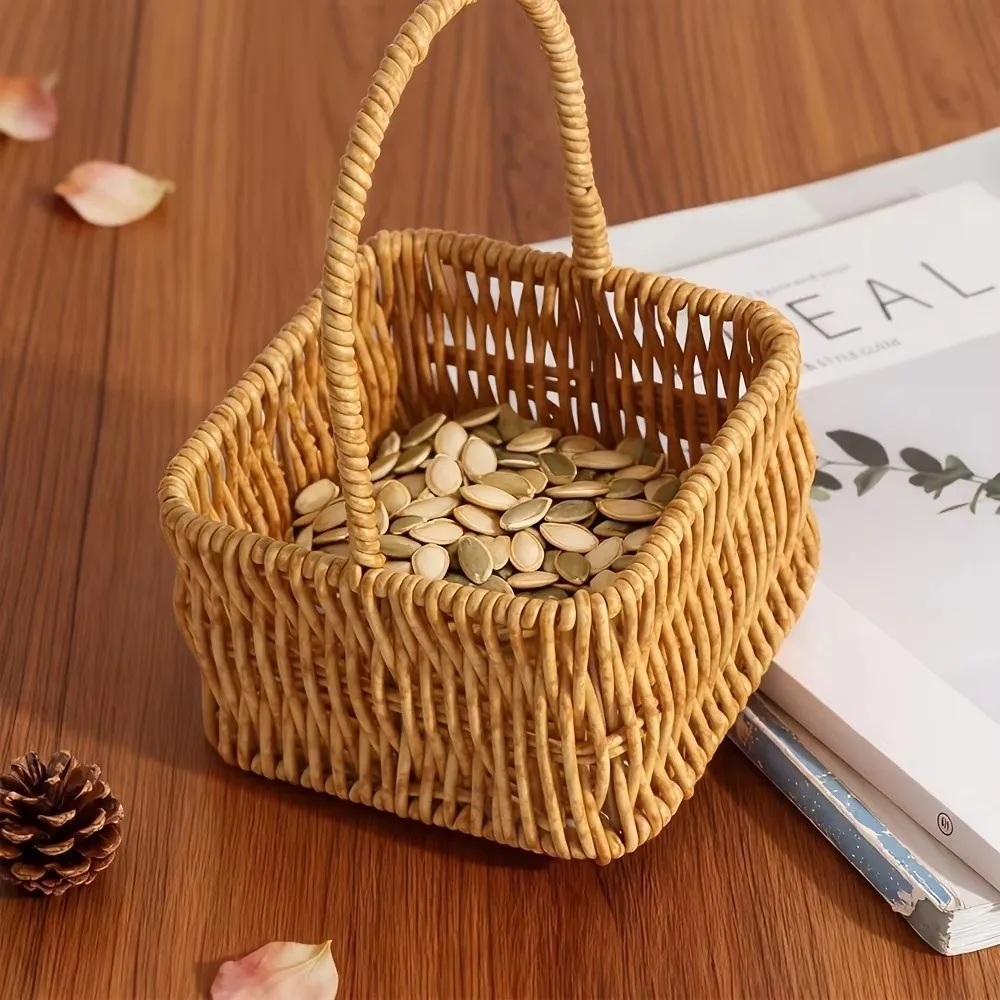Portable Rattan Woven Basket Mini Handheld Handle Hand Basket Farmhouse Style Rectangular Round Shape Shelf Basket