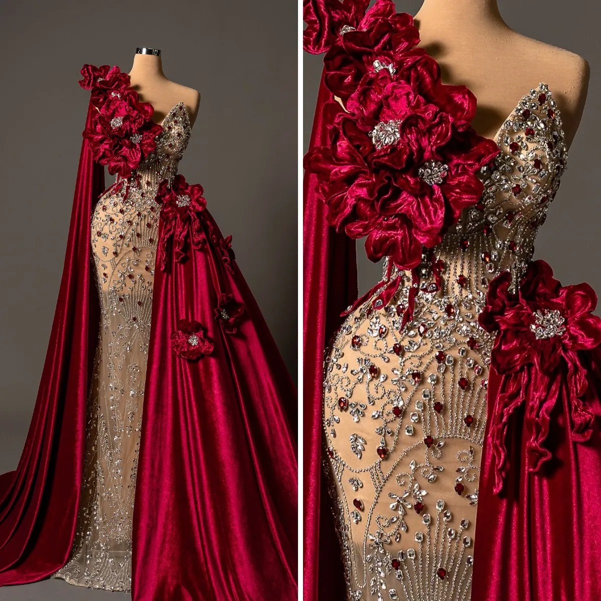

Exquisite Evening Dresses One Shoulder Crystal Beaded Velvet 3D Flowers Prom Gown Illusion Mermaid Customized Vestidos De Noche