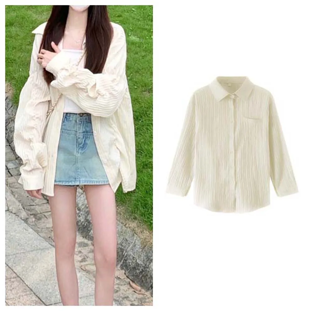 

Long Sleeve Apricot Leisure Blouse Korean Ins Fashion Loose Cardigan Collar Streetwear Top Simplicity Blouse Women Ladies