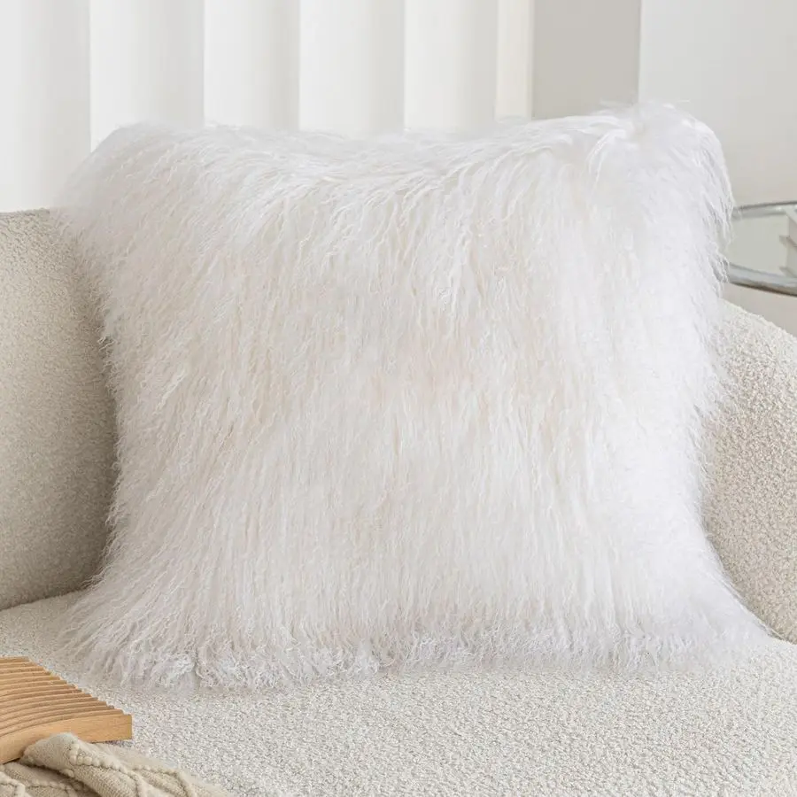 

100 Tibetan Mongolian Lamb Sheepskin Wool Fur Throw Pillow Covers White 18x18 Inch, Super Soft Plush Leather Accent Pillowcase D