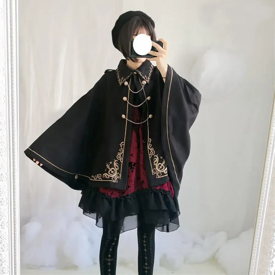 

Japanese Harajuku Kawaii Girl Autumn Winter Dark Lolita Cape Polo Collar Batwing Sleeve Gothic Coat Women Retro Victorian Cloak