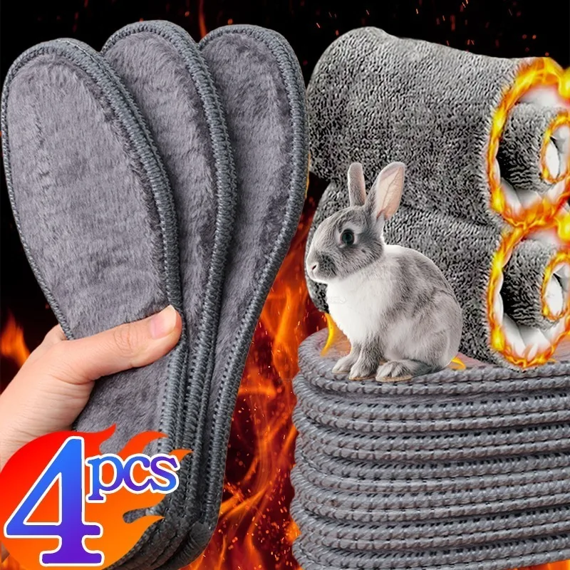 2/4Pcs Thicken Warm Plush Insoles Women Men Faux Rabbit Fur Winter Long Plush Self Heated Insert Deodorant Breathable Shoe Pads