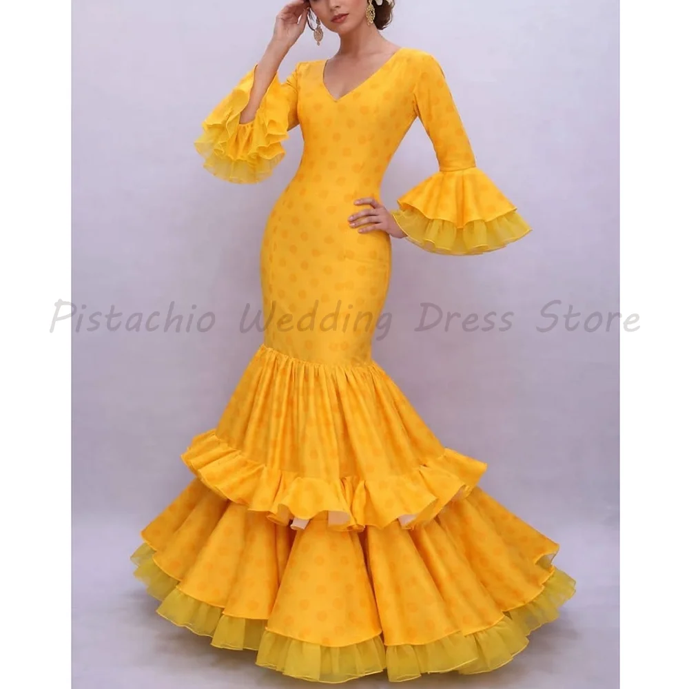 Bright Yellow V Neck Double Ruffle Bell Sleeve Tiered Ruffle Mermaid Maxi Flamenco Dance Evening Formal Gown