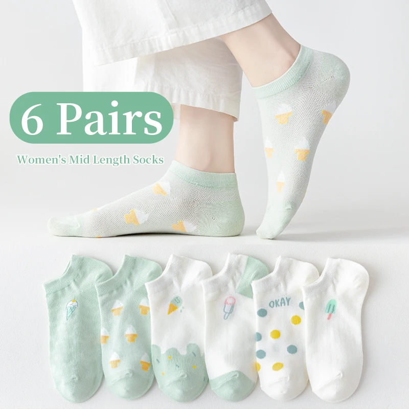 6 Pairs of Women Is Summer Thin Short Socks Sweet Cute Breathable Mesh Comfortable and Small Floral Fragments