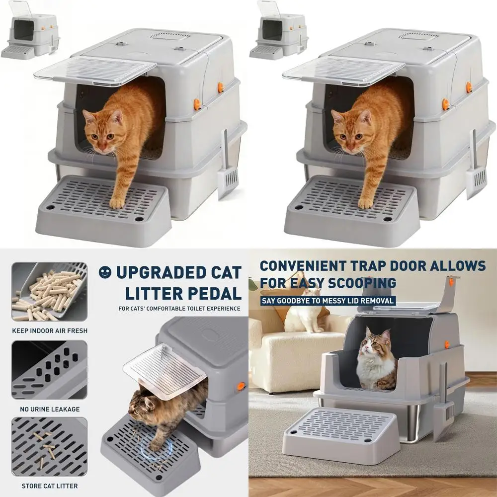 

Gray Enclosed Stainless Steel Cat Litter Box - High-Sided, Leak-Proof, Odor-Reducing, Easy Clean, Includes Scoop and Steps