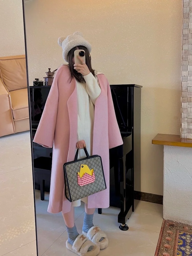 

Пальто Moizj из длинноворсовой ангорской шерсти, двустороннее, розовое, для девочек, высококачественное, для повседневной носки, однотонное, зимнее