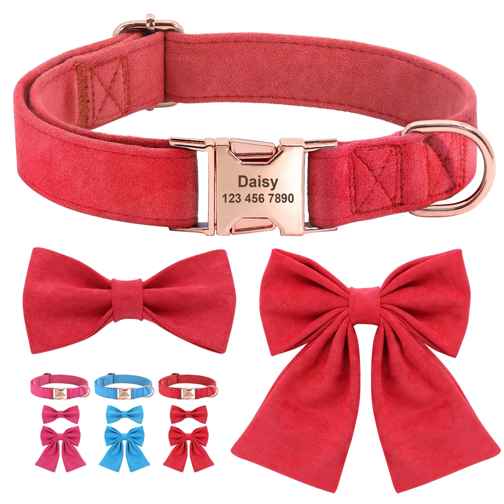 

Personalized Bow Tie Dog Collar Soft Velvet Cotton Pet Id Collars Free Engraved for Small Medium Large Dogs French Bulldog