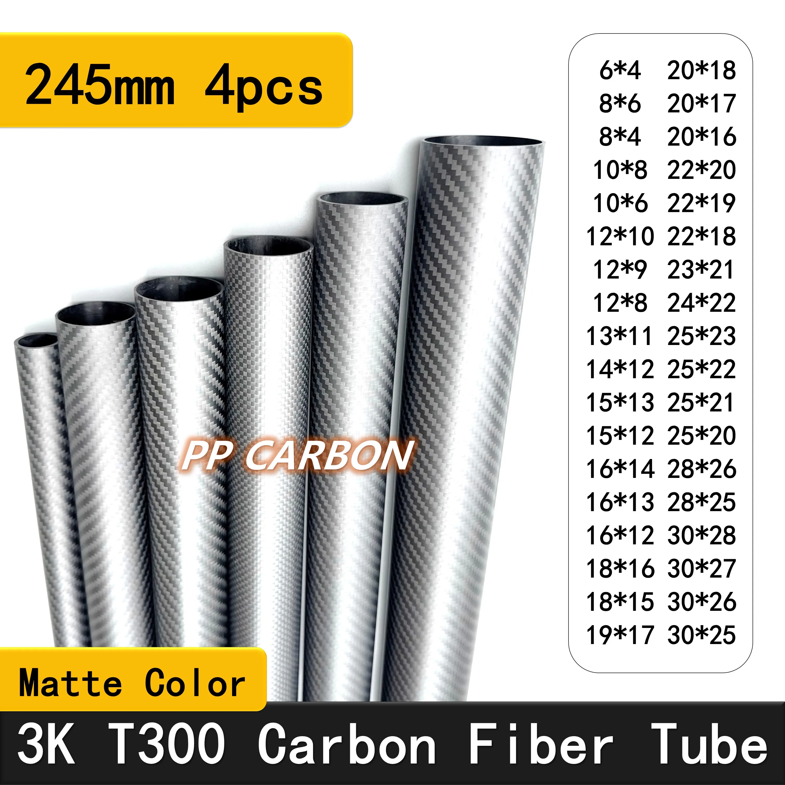 4Pcs Carbon Fiber Tube Pipe 245mm 3K High Hardness Composite Material OD 10mm 16mm 20mm 22mm 24mm 26mm 30mm