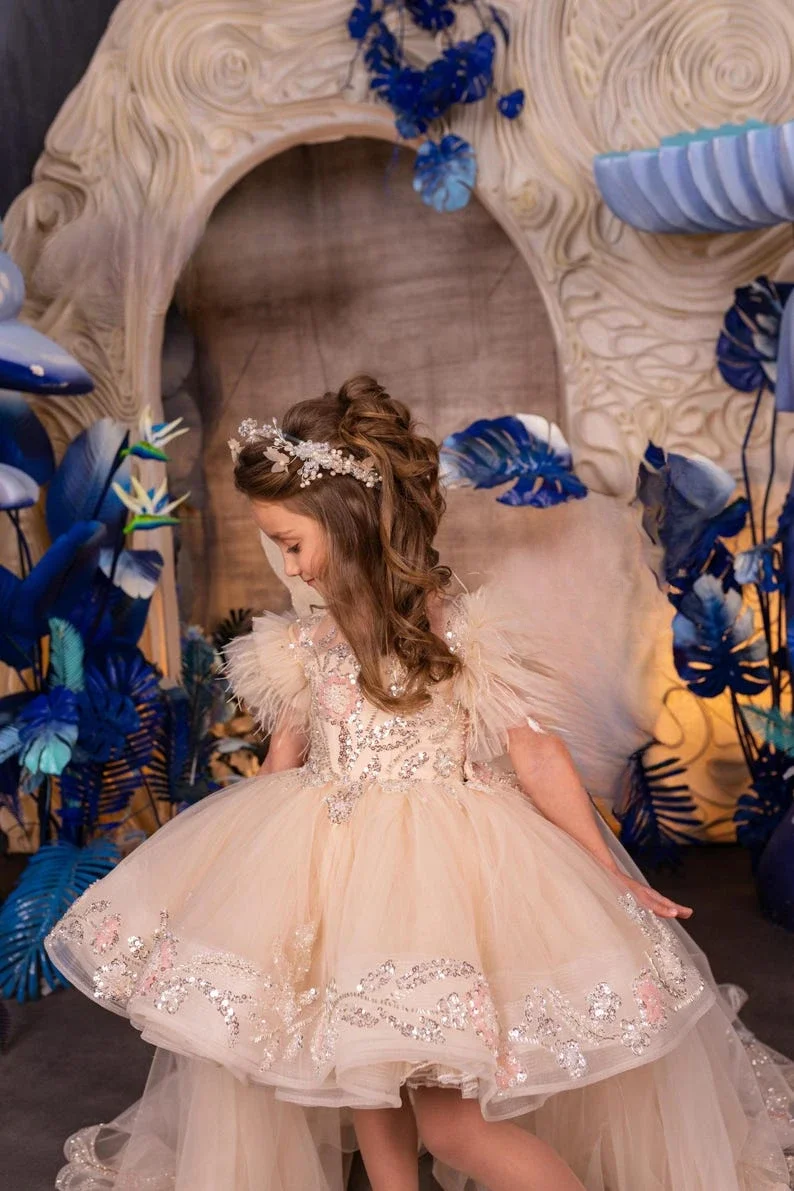

Tulle Lace Dress Cappucino First Communion Dress Junior Bridesmaid Dresses Princess Girls Party Ball Gown Flower Girl