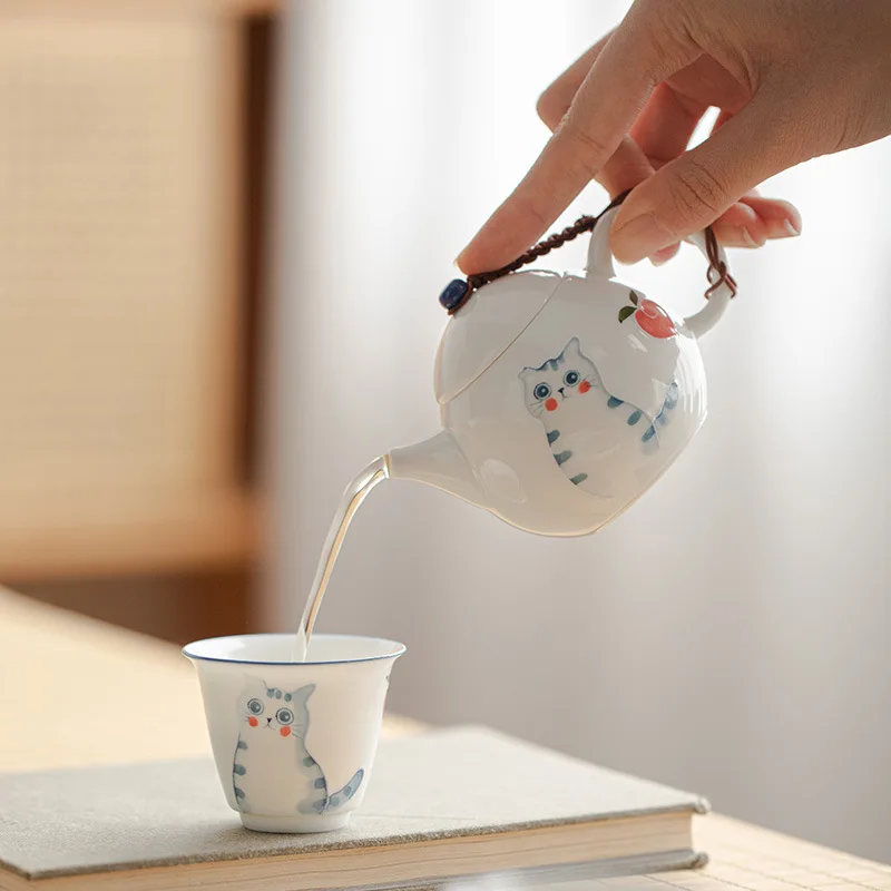 100ml Jade Mud Pure Hand-Painted Cute Cat & Peach Teapot, Ceramic Brewing Vessel for Kung Fu Tea Ceremony