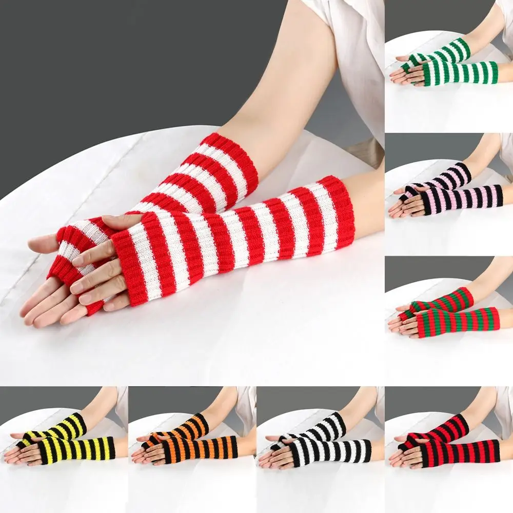 

Cute Touch Screen Striped Knitted Gloves Y2K Cycling Mittens Winter Gloves Wristband Windproof Half Finger Gloves Winter