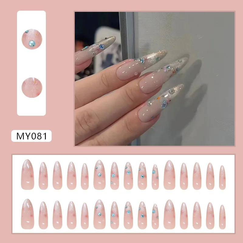 24PCS Diamond Cat Eye unghie finte con Design glitterato Flash Round Nails Press on Nails indossabile Gradient False Nail Long Almond