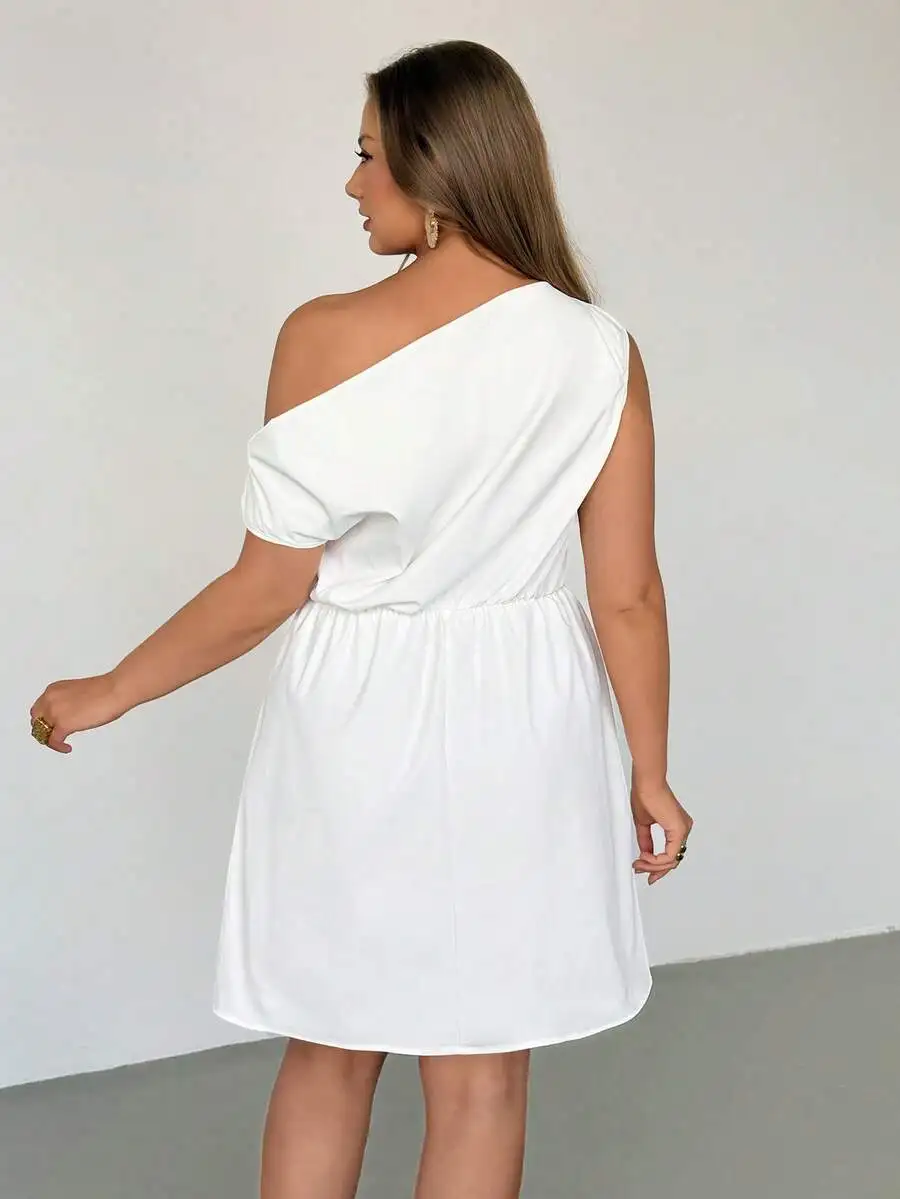

Plus Size Women Solid Color Ruched Asymmetric Shoulder Elegant Dress Summer Party Dress