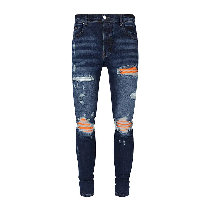 High Street Designer's New Blue Jeans Nostalgic Washed Elastic Slimming Yellow Patch Jeans Hip Hop Brand Splicing Painted Pants