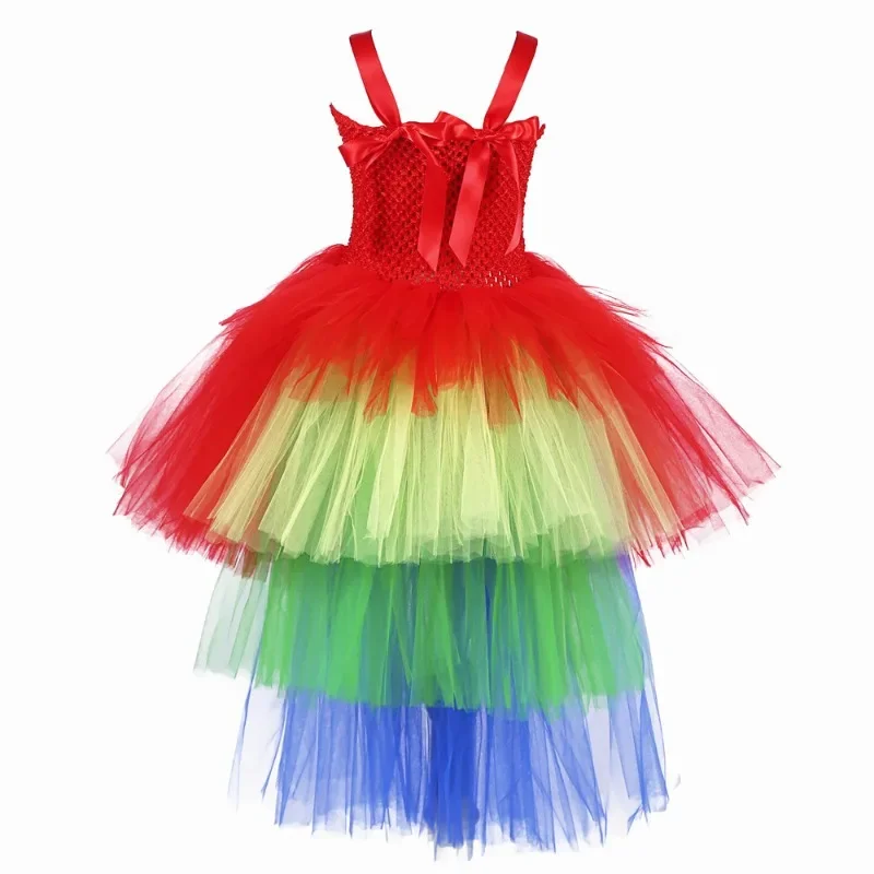 Macaw Parrot Tutu Dress with Tail Rainbow Feathers Headband Girls Birthday Party Clothes Bird Cosplay Halloween Costume for Kids