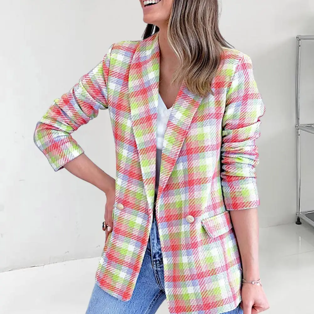 Chic Irregular Plaid Suit Coat Plaid Print Women's Suit Coat with Lapel Flap Pockets Slim Fit Jacket for Autumn Winter