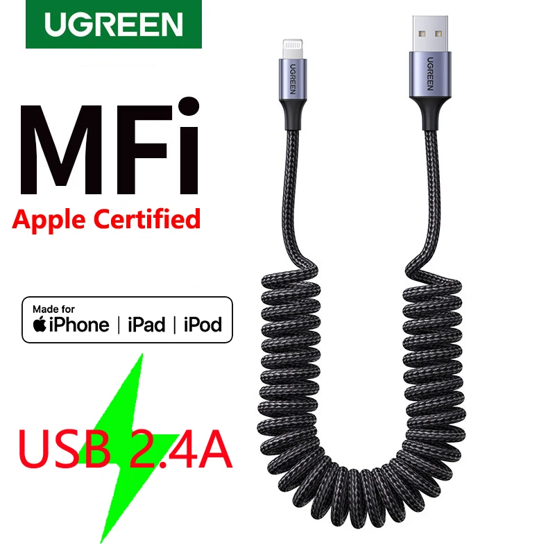 

UGREEN MFI Carplay spring USB Lightning cable Charger For iPhone 14 13 12 11 xs 8 7 6 Apple ipad 2.4A Fast charging data Braided