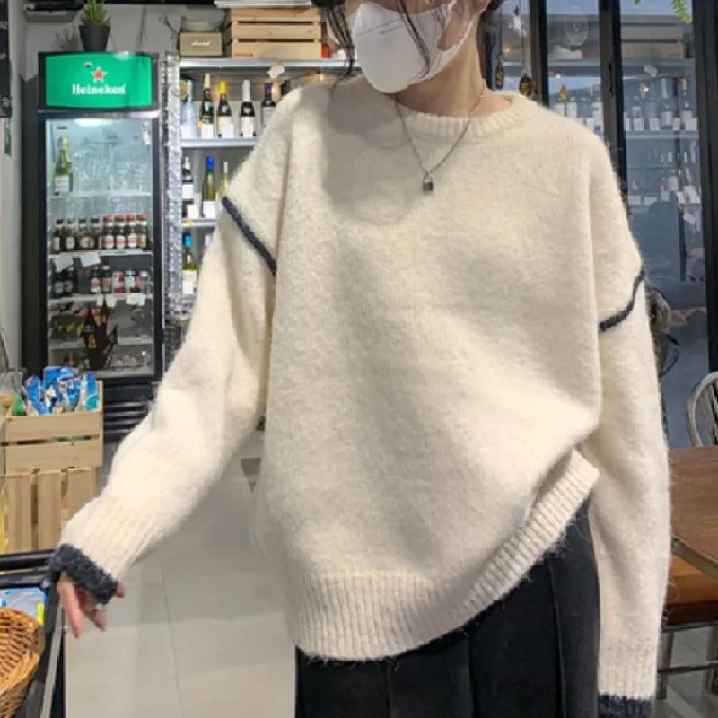 

Autumn Winter New Loose Version Lazy Wind Sweater Women's Soft Waxy Pullover Round Neck Solid Color Knitted Sweater Top Women
