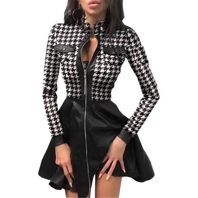 Houndstooth Dress For Women Spring Fashion Patchwork Long Sleeve Zipper Mini Dresses Elegant Ladies Lattice Retro Vestidos