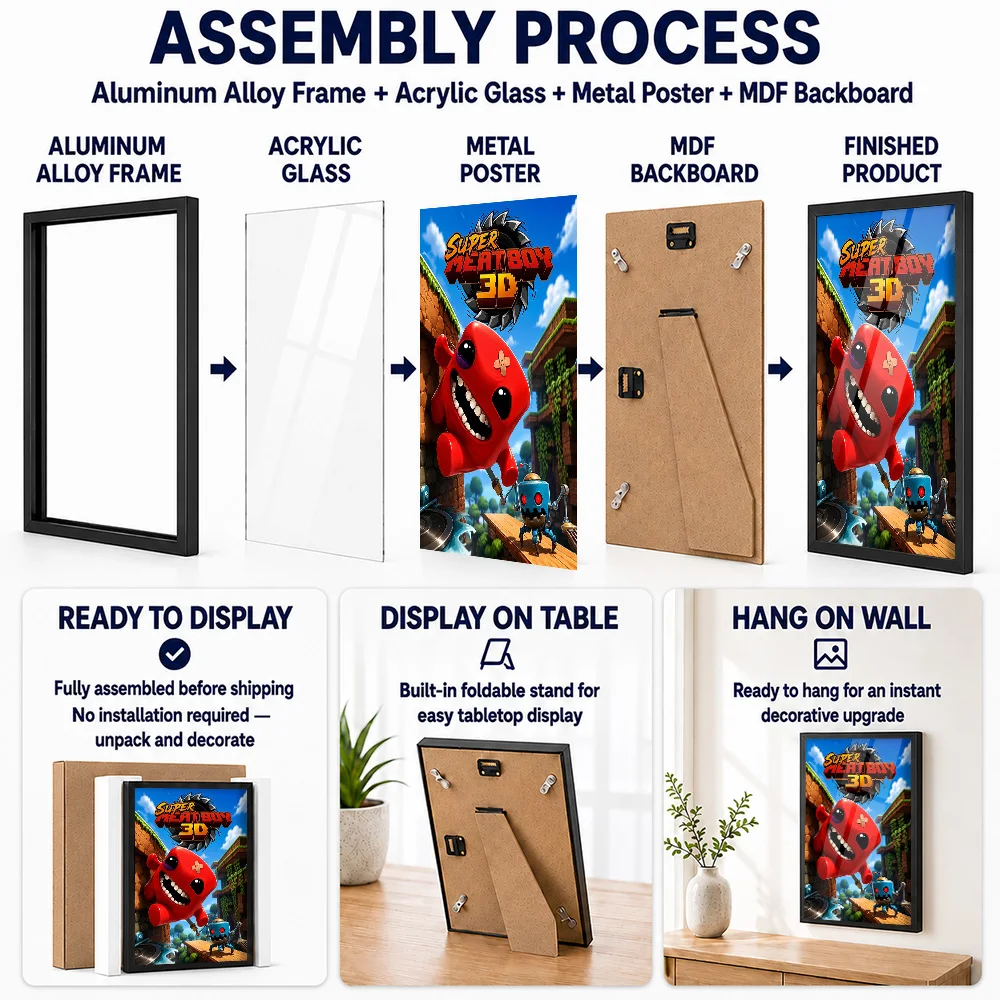 Super Meat Boy 3D Game Metal Poster With Aluminum Alloy Frame Customized Comic Style Wall Art For Gaming Room And Home Office