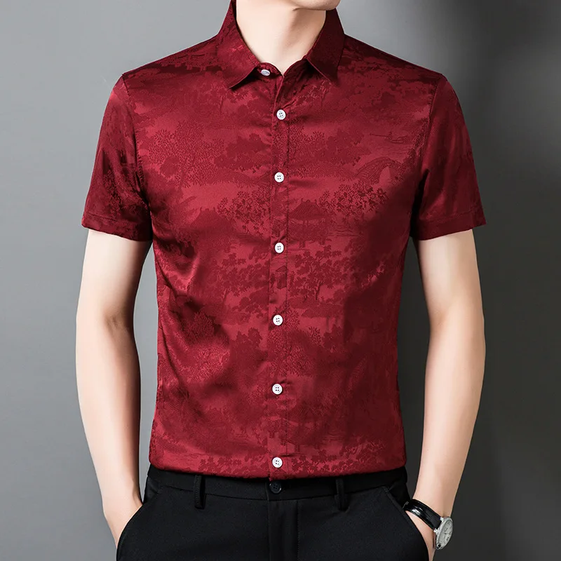 

Summer New Men's Short Sleeve Shirt Ice Silk Casual Fashion Business Slim Fit Leisure Trendy Half Sleeve Shirt Turn-down Collar