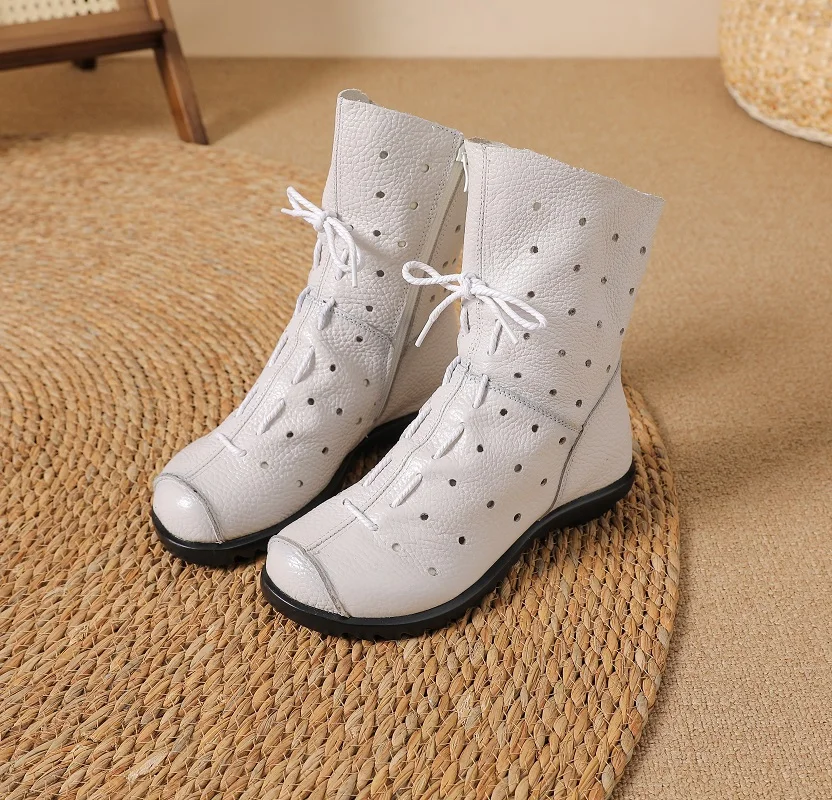 

New genuine leather boots women's laced up hollow out shoes ladies zip up mid calf boots woman concise white luxury boot vintage