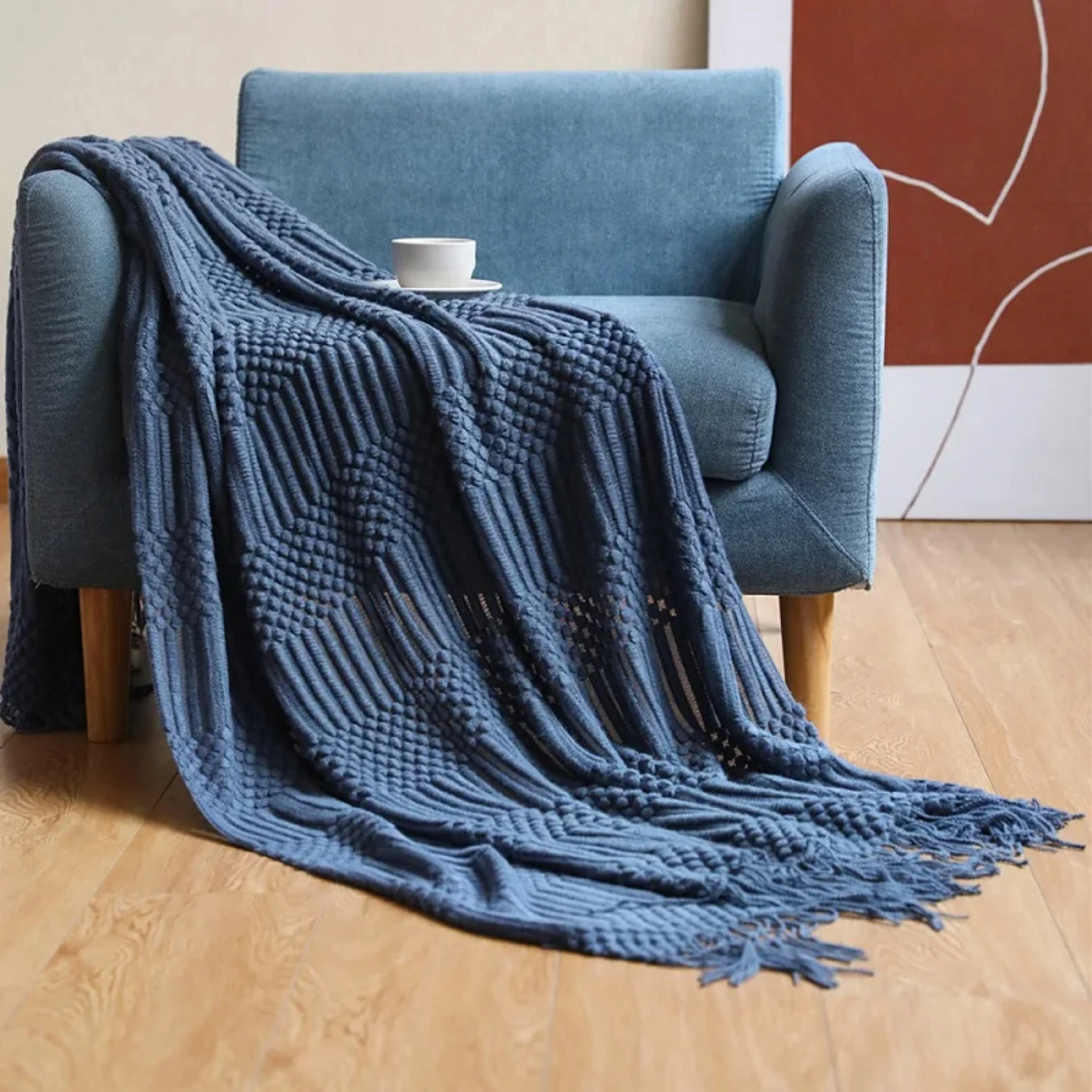 Blanket for Couch Sofa Bed Decorative Knitted Blanket with Tassels, Soft Lightweight Cozy Textured Blankets