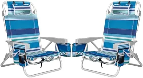 2Pk Aluminum Extra Wide 5-Position Lay Flat Folding Backpack Beach Chairs for Adults, with Cooler Bag, Cup&Phone