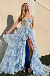 BridalAffair Elegant Blue Corset Tiered Lace Evening Dress with Slit Sweetheart Women Formal Prom Dresses 2023 New Party Gowns