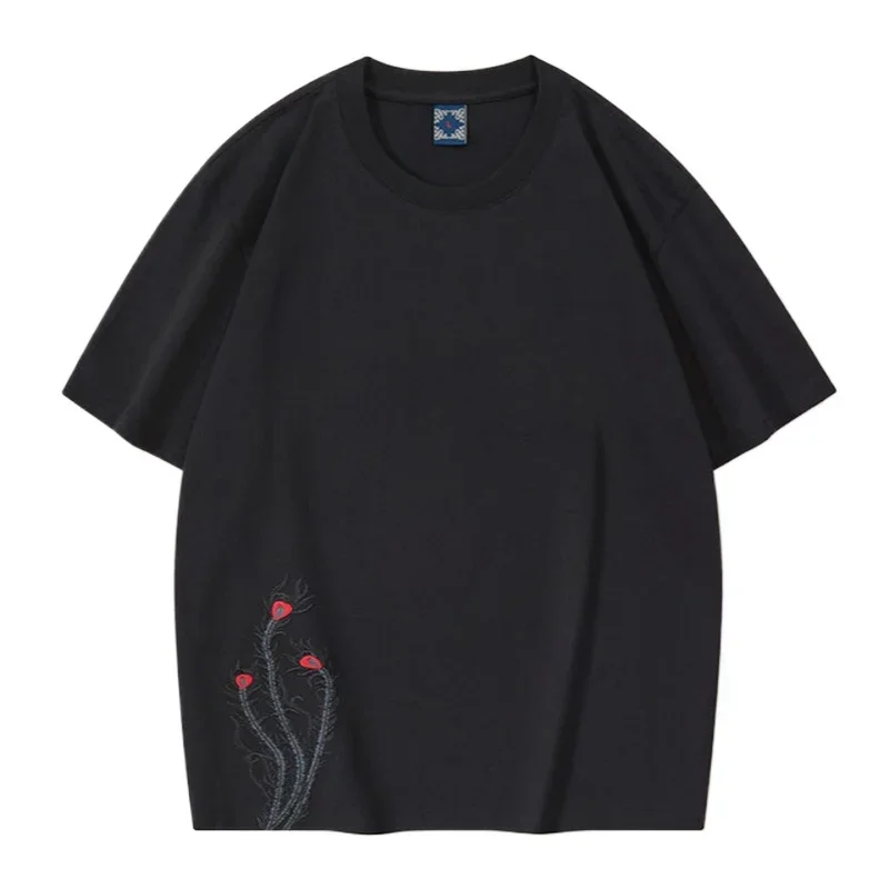 Lyprerazy Chinese Style Phoenix Embroidery Short-sleeved T-shirt Summer National Tide Cotton Loose Men's Tee Shirt