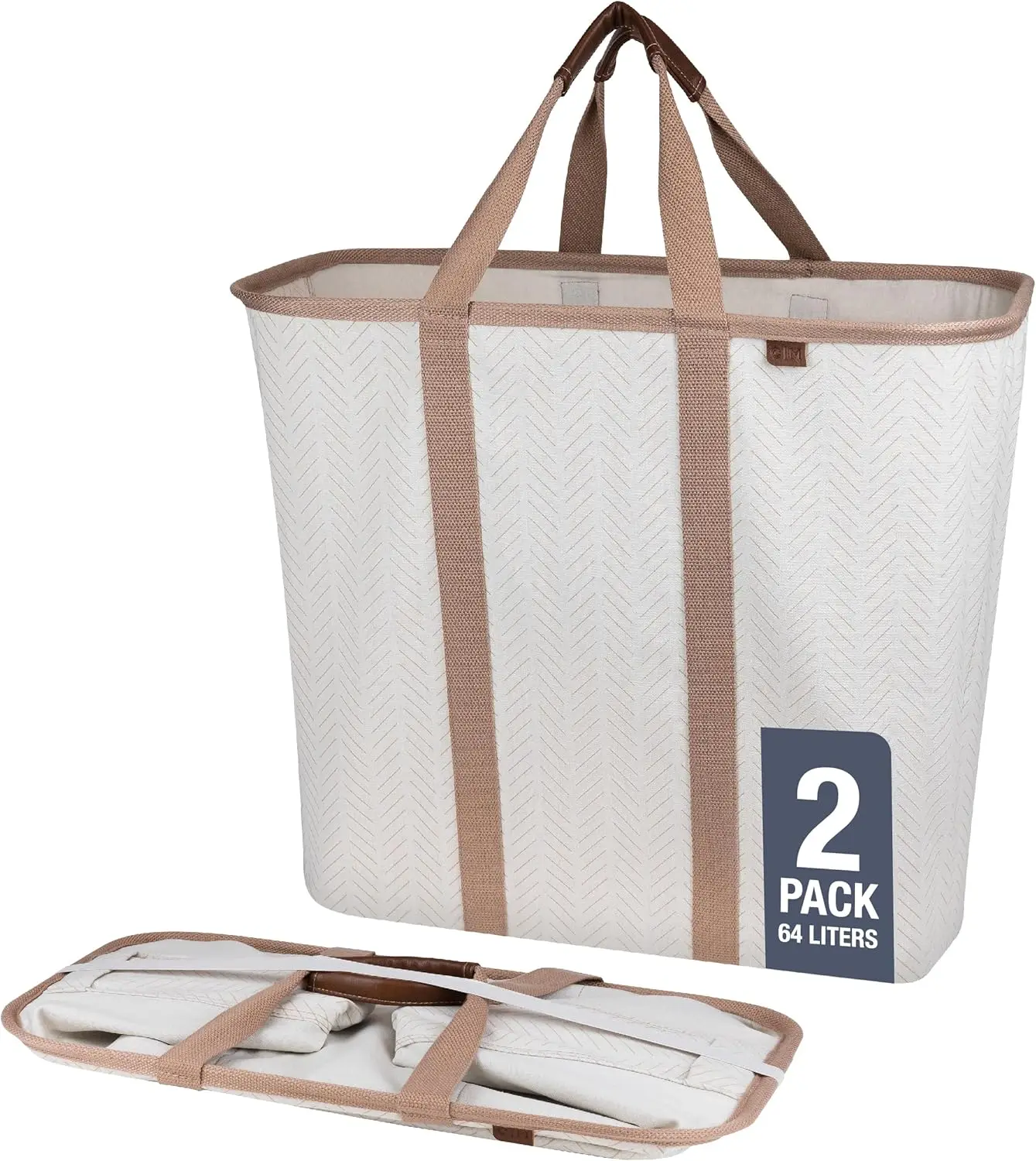 Collapsible Laundry Caddy, Cream Herringbone 2PK-64L (17 Gal) Premium Cotton Blend Foldable Basket with Sturdy Pop-Up Wire Frame