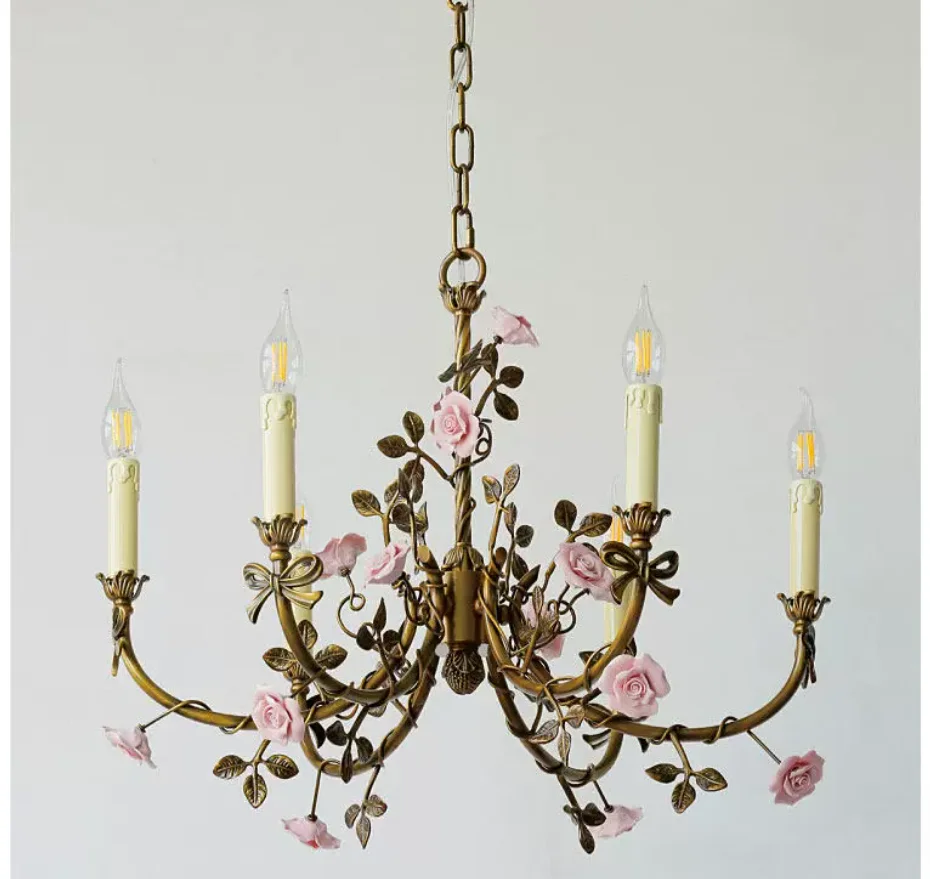 European Copper Ceramic Roses Chandelier lamp Lustre Copper Color Pendant Pink Rose Flower Light Fixture E14 Decoration Design