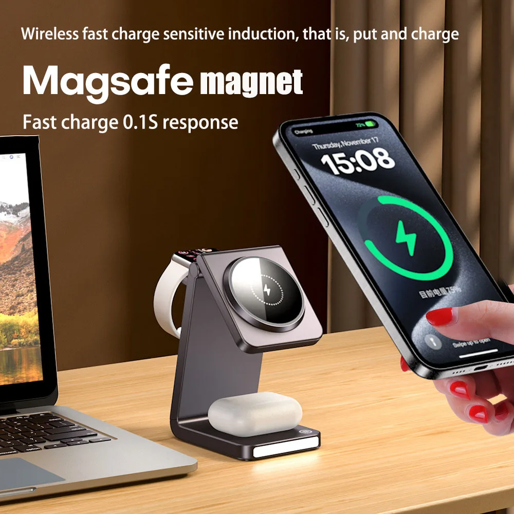 3-in-1 Magnetic Wireless Charger Desktop Folding Stand 15W Fast Charging for iPhone15Pro/Bluetooth earphone/iWatch Simultaneousl