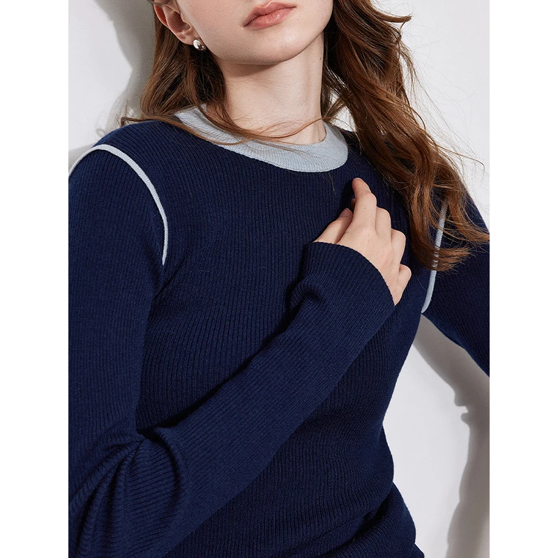 TOYOUTH Women Knitted Sweater 2024 Autumn and Winter New Fake Two Piece Contrasting Color Round Neck Slim Fit Pullover Tops