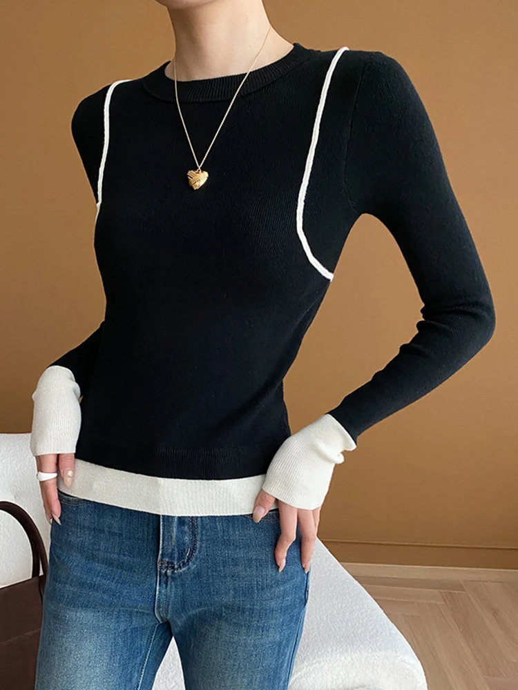 Caramel Color-block Slim Knitting Sweater Round Neck Long Sleeve Women Pullovers New Fashion Spring Autumn  O629