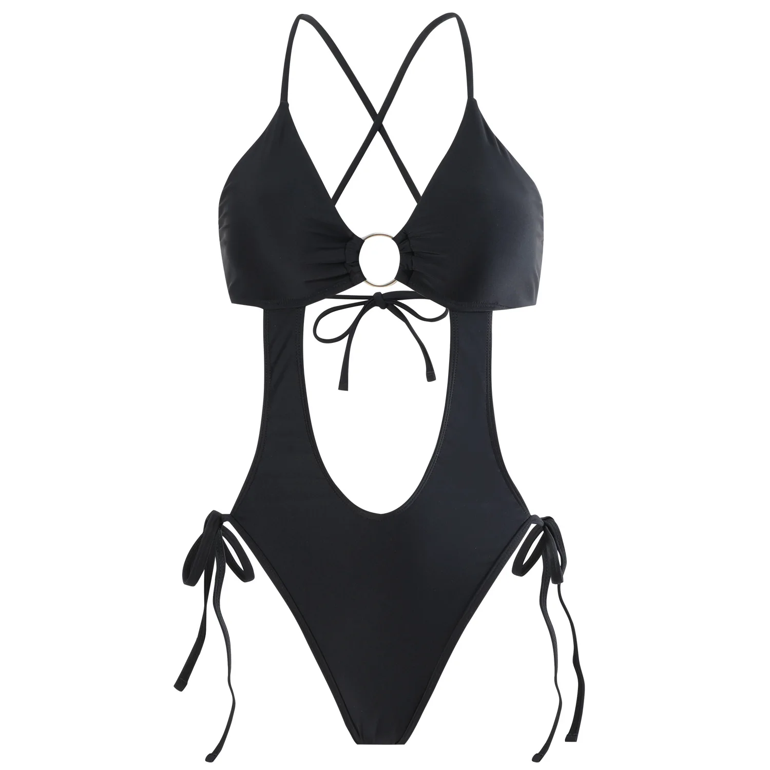 

Женский черный цельный купальник с металлическим кольцом и перекрещивающимся вырезом, сексуальное монокини с контролем живота, регулируемый пляжный купальный костюм