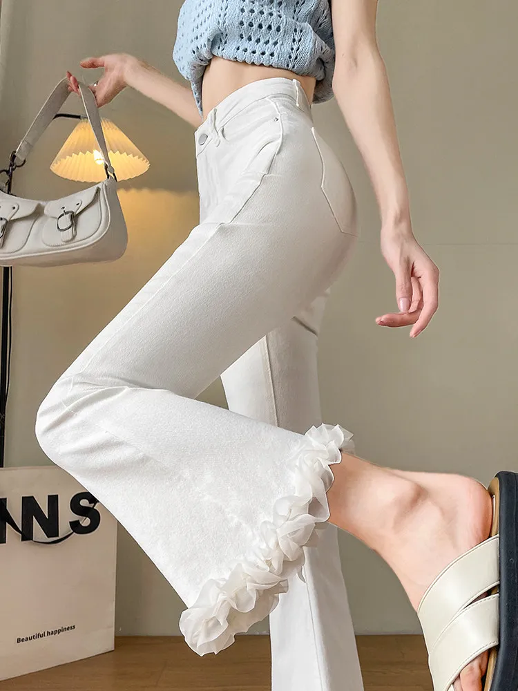 Autumn New American Style Retro Nine Cropped Trousers Women Lace Spliced Design Sense Solid Color Slightly Flared Trousers