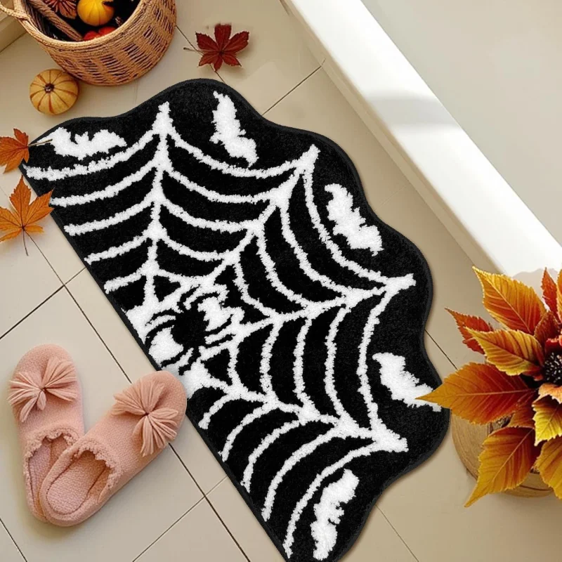 VIKAMA Halloween Spider Web Bat Irregular Bath Mat Soft Fluffy Non‑Slip Water Absorbent Bathroom Floor Mat Holiday Home Decor