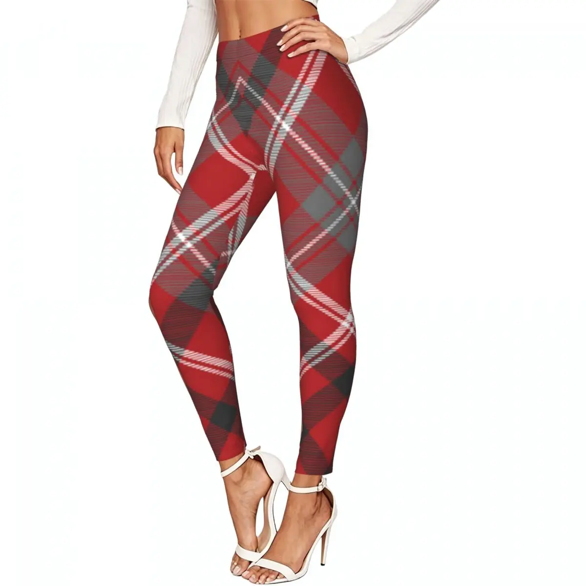 Red Check Plaid Texture Women Leggings High Waisted Stretch Tights Workout Running Pants
