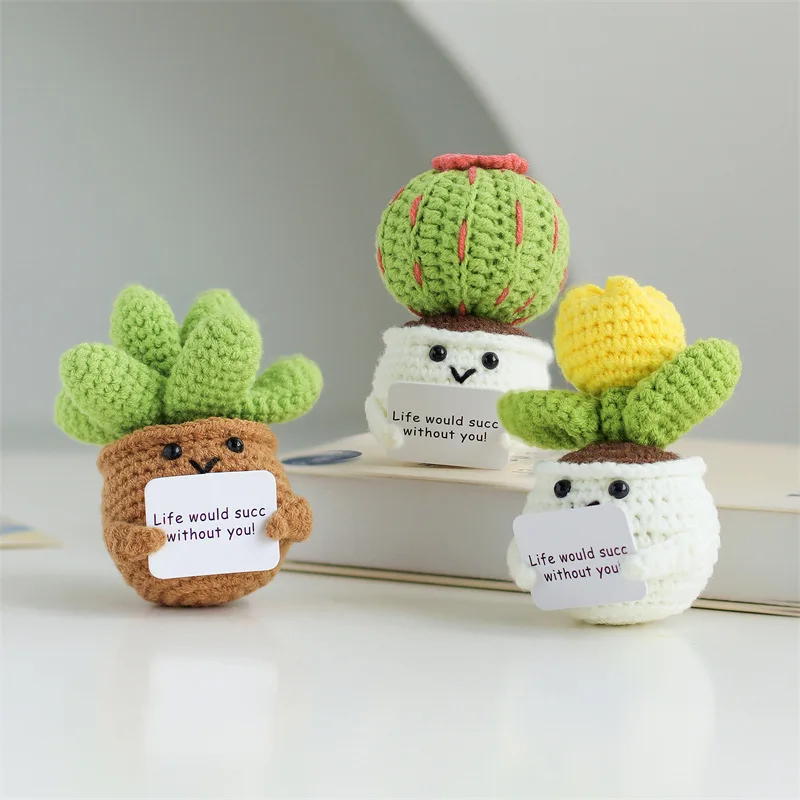 

Creative Knitted Potted Plant Mini Cute Positive Potted Plant With Encouragement Card Birthday Gift Room Decoration