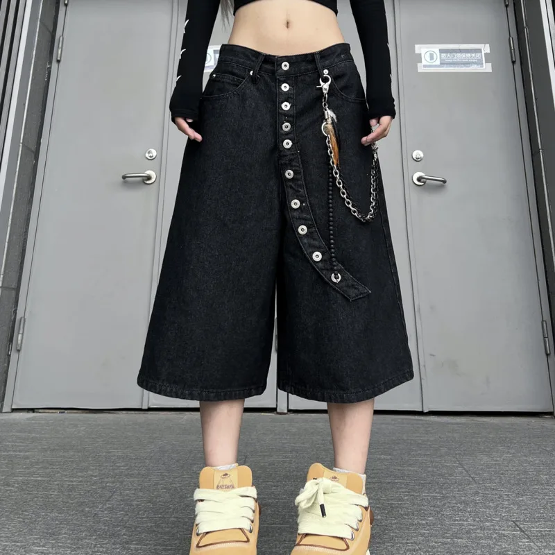 ANJY Spring Summer New Women Dark Vintage Irregular Buttons Design Wide-Leg Calf-Length Pants Fashion Loose Casual Jeans A21809