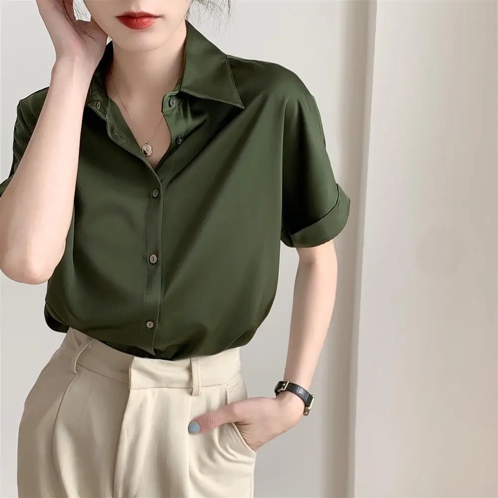 Retro Hong Kong Style Solid Color Elegant Temperament Short Sleeved Shirt Summer New Fashionable Simple Loose Slim Women\'s Top