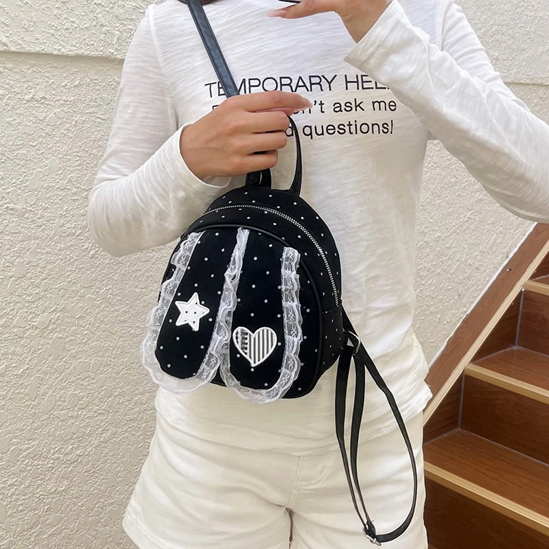 Lolita Polka Dot Rabbit Ear Backpack Women Exquisite Lace Star Heart Decor Shoulder Bag Japanese Style Cute Lightweight Backpack