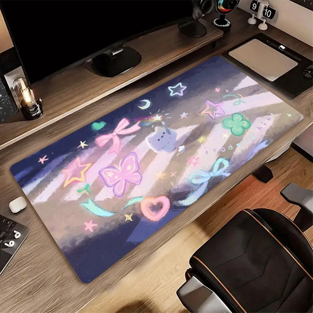 Kawaii Cute Cat Dolphin XXL Gaming Mouse Pad Non-Slip Rubber Overlocked Deskmat Pastel Space Star Bow Keyboard Game Table Mats